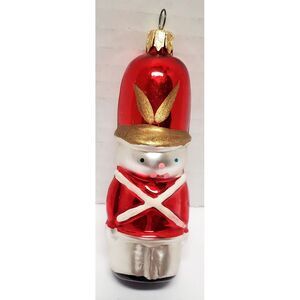 VTG Christmas Ornament Toy Soldier Glass Blown Red Silver Gold Stand Attention